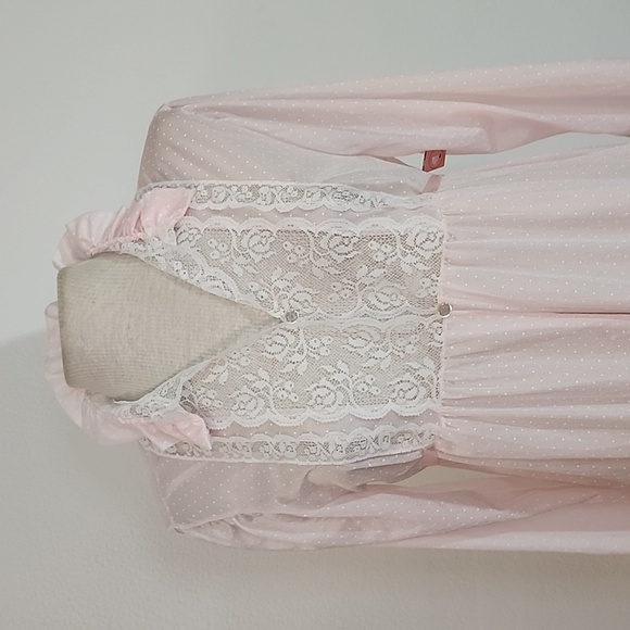 Gotham NY Robe Vintage Semi Sheer Lace Front Polkadot Long Sleeve Pink Size L - Picture 10 of 15